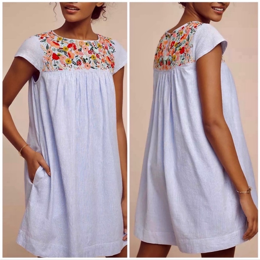 Anthropologie Floral Embroidered Mini Dress - Light Blue and Multicolor
